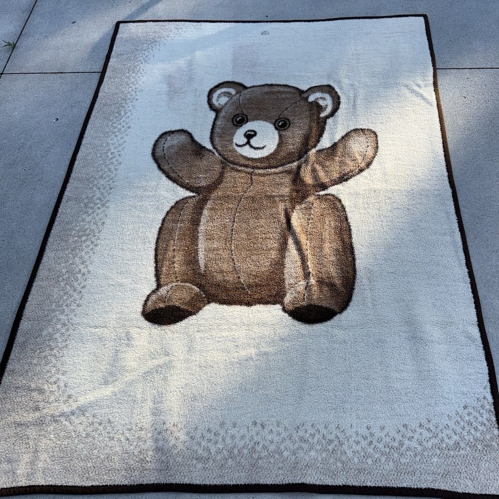 Vintage Reversible Teddy Bear Sherpa Fleece Throw Blanket Brown Cream 72x48